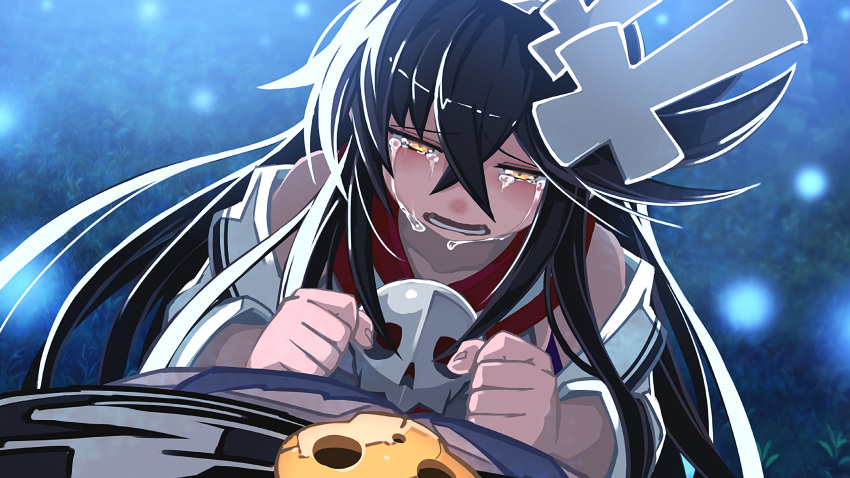 1girl absurdres black_hair crying crying_with_eyes_open faust_(makai_shin_trillion) game_cg hair_ornament highres long_hair makai_shin_trillion nanameda_kei official_art streaming_tears tears yellow_eyes