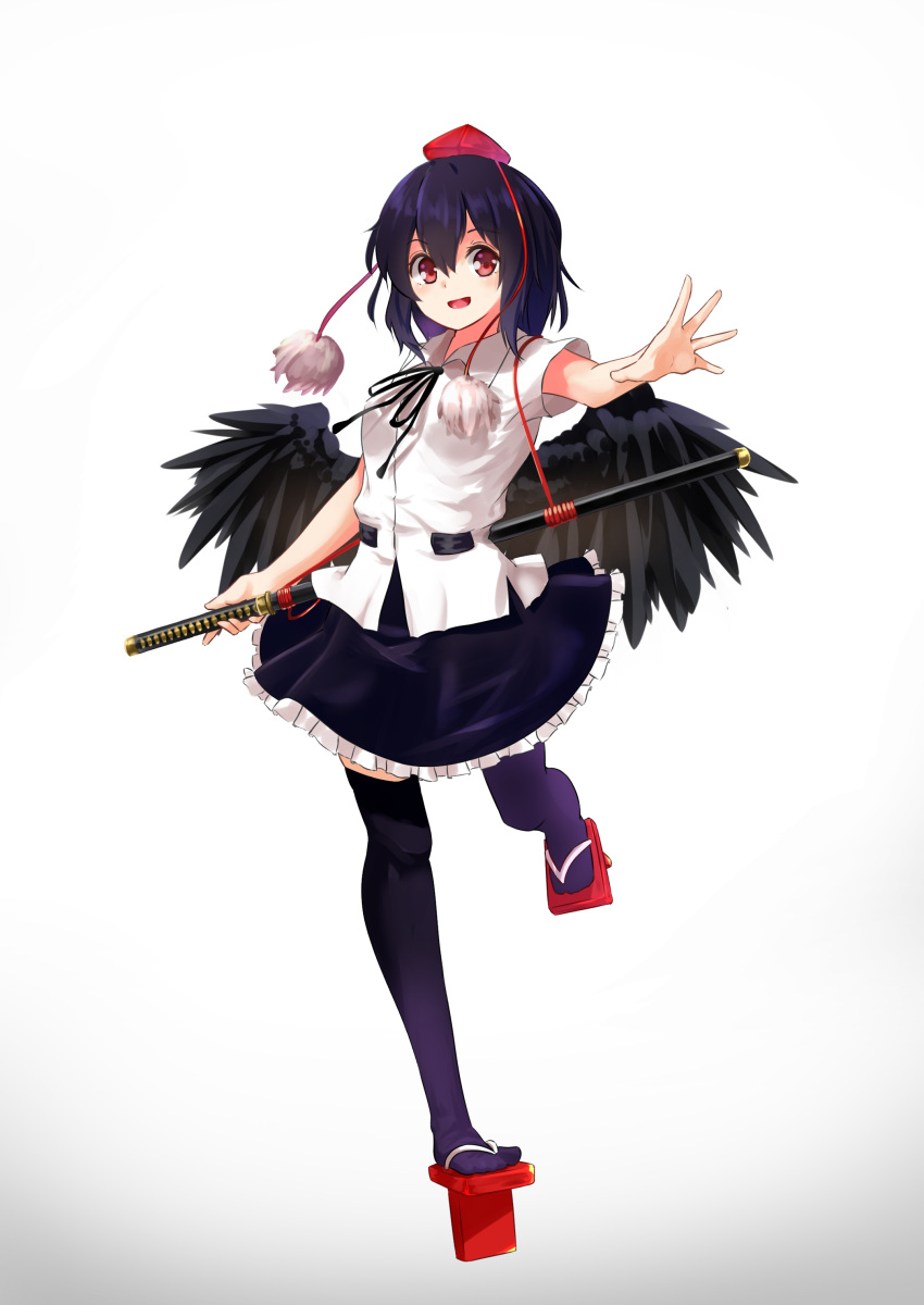 1girl :d absurdres bird_wings black_hair black_legwear black_ribbon black_skirt black_wings collared_shirt feathered_wings frilled_skirt frills full_body geta hat highres looking_at_viewer neck_ribbon open_mouth outstretched_arm pom_pom_(clothes) red_eyes red_hat ribbon running scabbard shameimaru_aya sheath sheathed shirt short_hair short_sleeves simple_background skirt smile solo sword tengu-geta thigh-highs tokin_hat touhou weapon white_background white_shirt wings yusake_san
