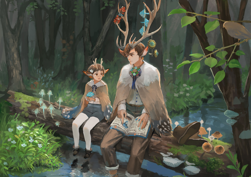1boy 1girl absurdres animal_ears antlers belt bird blue_ribbon book boots boots_removed brown_boots brown_hair buttons denqyellow eye_contact flower flower_request forest glasses grass hair_flower hair_ornament highres holding leaf log looking_at_another moss nature neck_ribbon open_book original pants pantyhose_under_shorts pointing pond red_eyes reflection ribbon round_glasses shoes short_hair shorts sitting sitting_ soaking_feet tree water white_flower white_legwear