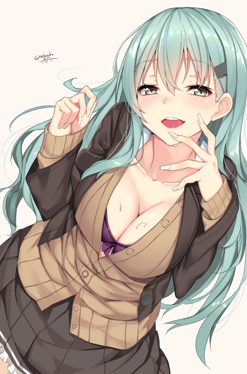 aqua_hair bad_anatomy beige_background bra breasts cleavage dutch_angle eyebrows_visible_through_hair fingernails hair_ornament hairclip hand_to_own_mouth highres kantai_collection large_breasts long_fingernails long_fingers long_hair looking_at_viewer nebu_soku open_clothes open_shirt purple_bra saliva shirt simple_background skirt sleeves_past_wrists smile suzuya_(kantai_collection) unbuttoned underwear