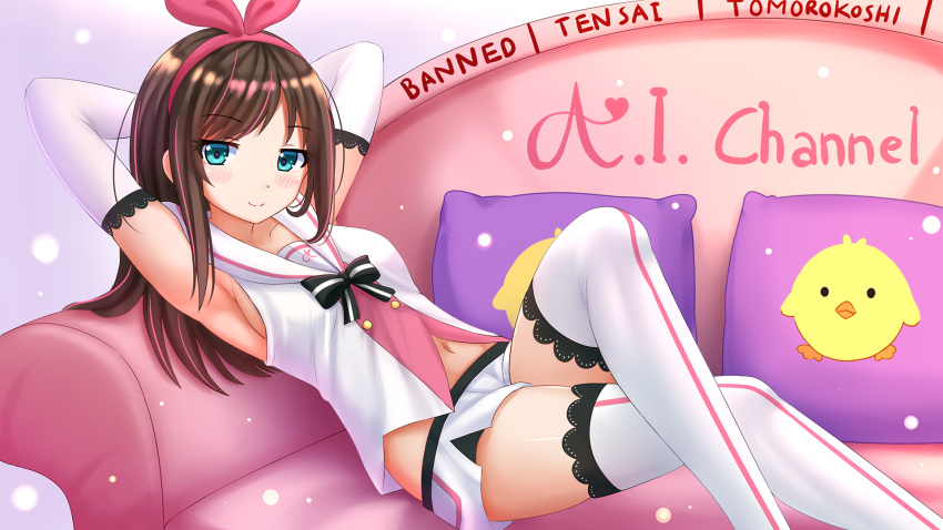 1girl a.i._channel arm_warmers armpits arms_behind_head arms_up bangs blue_eyes blush bow breasts brown_hair couch frills hair_bow hairband highres kazenokaze kizuna_ai legs_crossed long_hair looking_at_viewer multicolored_hair navel pillow pink_bow pink_hair sailor_collar short_shorts shorts sideboob sitting smile smug solo streaked_hair thigh-highs