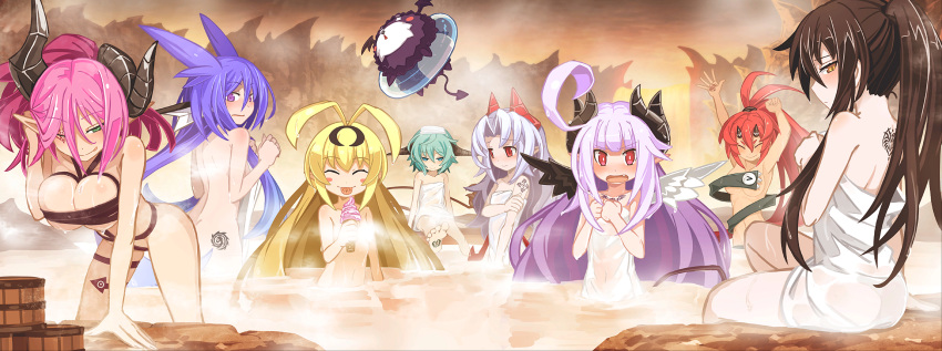 6+girls absurdres ahoge ashmedia barefoot bath bathing black_hair blonde_hair blue_eyes blue_hair blush breasts closed_eyes fang faust_(makai_shin_trillion) feet fegor flat_chest game_cg green_eyes green_hair highres horns large_breasts levia long_hair looking_at_viewer looking_back makai_shin_trillion mammon_(makai_shin_trillion) multiple_girls naked_towel nanameda_kei official_art onsen open_mouth partially_submerged perpell pink_hair pointy_ears red_eyes redhead rock ruche short_hair small_breasts smile soaking_feet steam tattoo tongue tongue_out towel towel_on_head water wet yellow_eyes