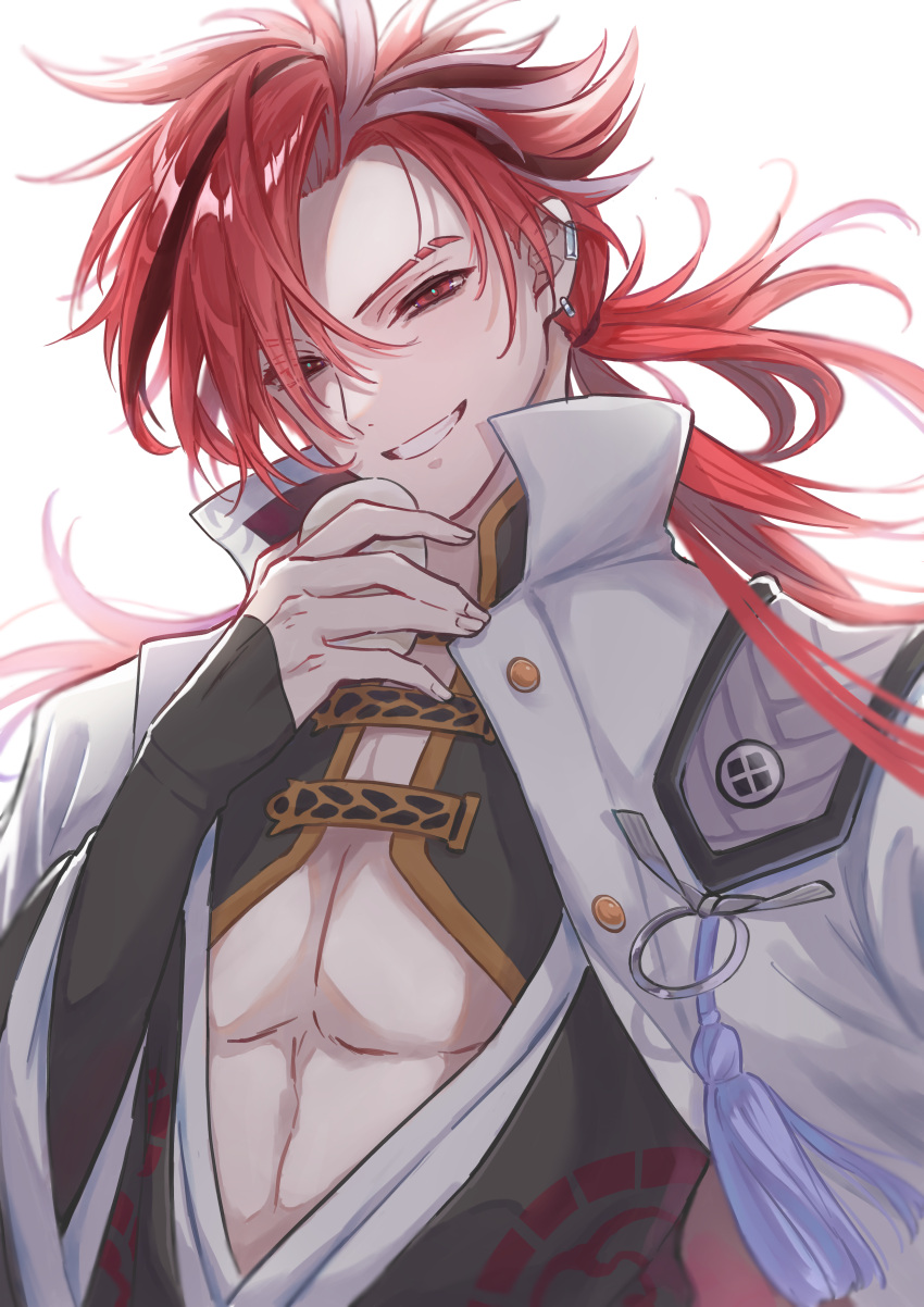 1boy absurdres earrings fate/grand_order fate_(series) grin highres holding japanese_clothes jewelry long_hair looking_at_viewer male_focus mmgmde multicolored_hair red_eyes redhead simple_background smile solo streaked_hair takasugi_shinsaku_(fate) tassel two-tone_hair upper_body white_background white_hair