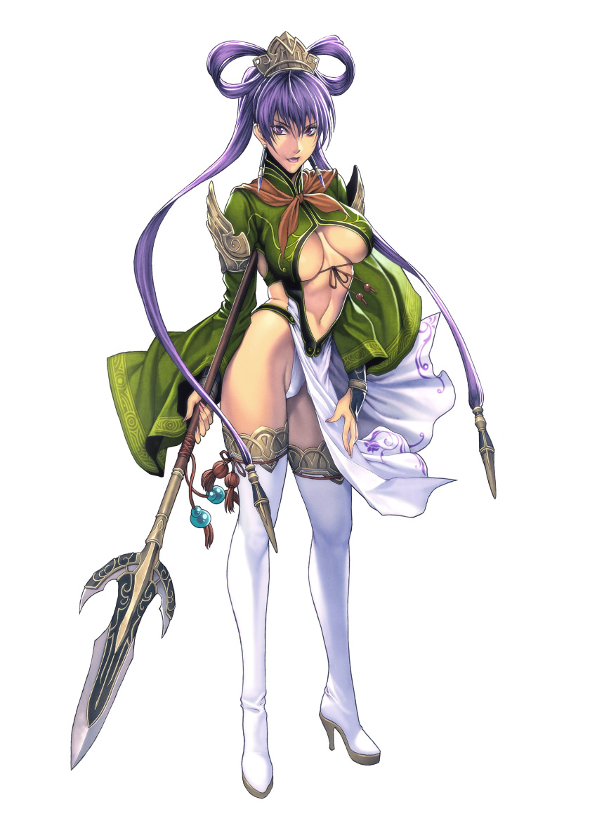 1girl absurdres boots breasts earrings full_body hand_on_thigh headdress high_heels highres holding_spear homare_(fool's_art) jewelry kakouchouki lipstick long_hair long_sleeves looking_at_viewer makeup navel official_art purple_hair sangoku_heroes simple_background solo thigh-highs thigh_boots twintails under_boob very_long_hair violet_eyes white_background white_legwear wide_sleeves