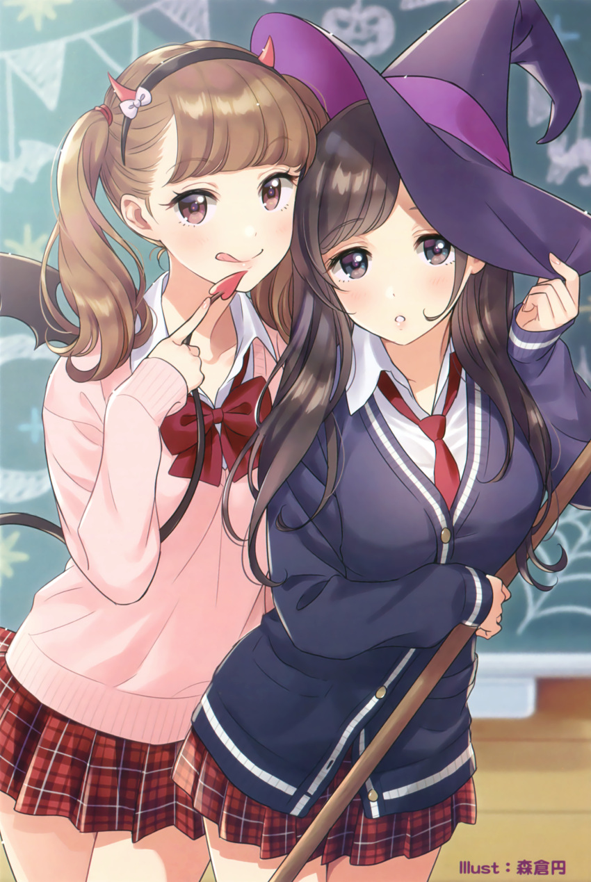 2girls :o :q absurdres artist_name bangs black_hairband black_hat blush bow bowtie breasts broom brown_eyes brown_hair buttons cardigan chalkboard classroom collarbone collared_shirt cowboy_shot demon_tail eyebrows_visible_through_hair hair_bow hair_ornament hair_tie hairband hand_on_headwear hand_up hat hat_ribbon highres holding holding_broom horned_headwear indoors legs_together licking_lips long_hair long_sleeves miniskirt morikura_en multiple_girls naughty_face necktie open_mouth original plaid plaid_skirt pleated_skirt purple_ribbon red_bow red_bowtie red_necktie ribbon school_uniform shirt skirt sleeves_past_wrists tail teeth tongue tongue_out twintails white_bow white_shirt wing_collar witch_hat