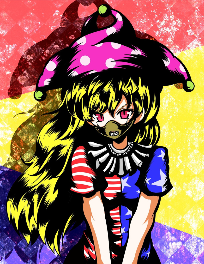 &gt;:d 1girl :d american_flag american_flag_dress argyle argyle_background blonde_hair blue_background clownpiece crazy crazy_smile grin hat highres jester_cap long_hair looking_at_viewer mask multicolored multicolored_background muzzle neck_ruff open_mouth pink_eyes red_background sharp_teeth short_sleeves slit_pupils smile solo teeth touhou yellow_background ziogon