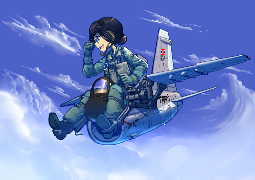 1girl aircraft airplane aviator_sunglasses black_hair brown_eyes clouds commentary erica_(naze1940) fighter_jet flying gloves hair_bun hand_on_own_forehead hand_up headphones headset highres jet looking_down looking_to_the_side military military_uniform military_vehicle open_mouth original pen pilot pilot_suit profile short_hair sky smile solo sunglasses thai thai_flag thailand uniform