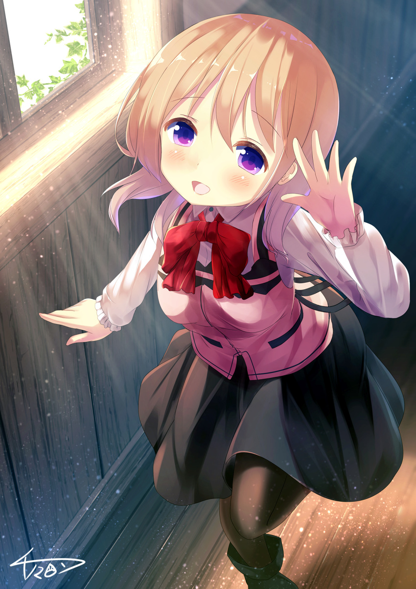 1girl :d arm_up bangs black_shoes black_skirt blush bow bowtie breasts brown_legwear buttons collared_shirt commentary_request day eyebrows_visible_through_hair gochuumon_wa_usagi_desu_ka? hair_between_eyes highres hoto_cocoa indoors leaf long_hair long_sleeves looking_at_viewer medium_breasts medium_skirt mokachino open_mouth orange_hair pantyhose pink_vest plant rabbit_house_uniform red_bow red_bowtie shirt shoes signature skirt smile solo standing standing_on_one_leg vest vines violet_eyes white_shirt window wooden_floor wooden_wall