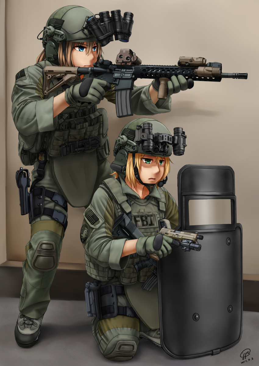 2girls absurdres american_flag assault_rifle blonde_hair blue_eyes boots ear_protection fbi flashlight gloves green_eyes gun h&amp;k_usp handgun heckler_&amp;_koch helmet highres holster jpc knee_pads kneeling laser_sight m4_carbine microphone multiple_girls night_vision_device operator original pistol reflex_sight rifle riot_shield swat trigger_discipline unit_patch weapon