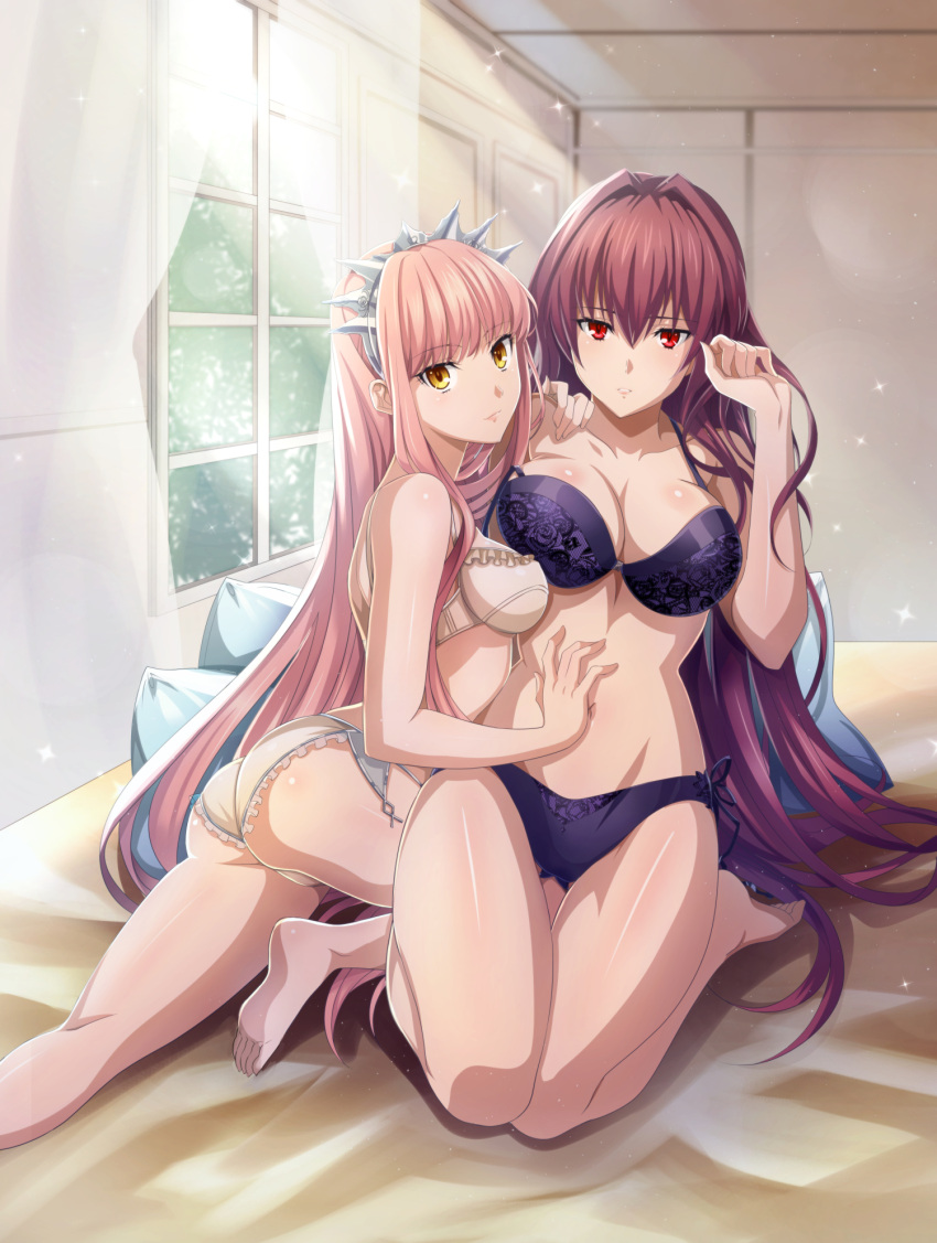 2girls ass bangs blunt_bangs breasts cleavage commentary_request error fate/grand_order fate_(series) hand_on_another's_shoulder hand_on_another's_stomach highres large_breasts long_hair looking_at_viewer medb_(fate/grand_order) multiple_girls navel on_bed open_mouth pink_hair purple_hair red_eyes scathach_(fate/grand_order) shimo_(s_kaminaka) tiara underwear underwear_only wrong_feet yellow_eyes