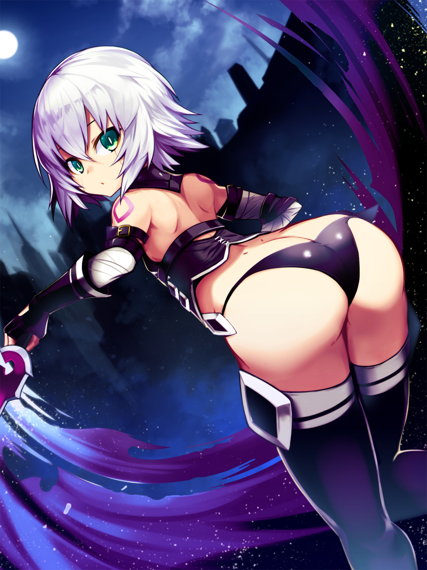 1girl ass assassin_of_black bandage bare_shoulders belt black_legwear black_panties butt_crack commentary_request dagger dual_wielding dutch_angle fate/apocrypha fate/grand_order fate_(series) from_behind full_moon gloves green_eyes highres looking_at_viewer looking_back moon nirai_kanai open_mouth panties reverse_grip scar short_hair silver_hair solo tattoo thigh-highs underwear weapon