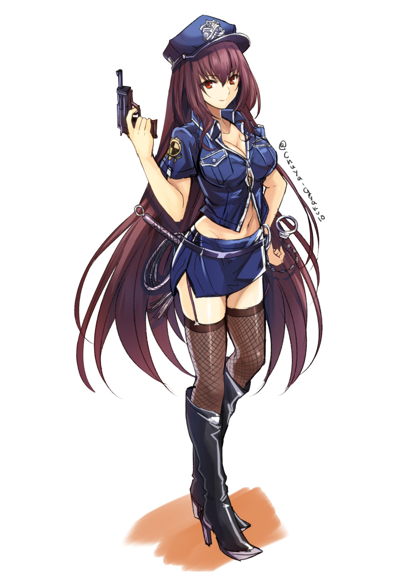absurdres alternate_costume boots breasts cuffs fate/grand_order fate_(series) fishnet_legwear fishnets garter_straps gun handcuffs hat high_heel_boots high_heels highres large_breasts long_hair looking_at_viewer midriff police police_hat police_uniform policewoman purple_hair red_eyes scathach_(fate/grand_order) shimo_(s_kaminaka) simple_background smile thigh-highs thigh_boots twitter_username uniform very_long_hair weapon white_background