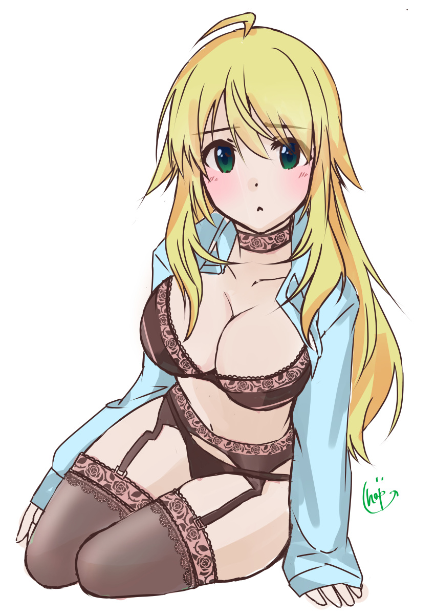 1girl :&lt; absurdres ahoge arm_support black_bra black_garter black_legwear black_panties blonde_hair blush bra breasts cleavage garter_straps green_eyes highres hop_grenade hoshii_miki idolmaster lace lace-trimmed_bra lace-trimmed_garter_belt lace-trimmed_thighhighs large_breasts looking_at_viewer open_clothes panties sketch solo thigh-highs underwear white_background