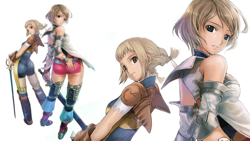 2girls ashelia_b'nargin_dalmasca ass belt blonde_hair blouse blue_eyes boots brown_eyes brown_hair engrish final_fantasy final_fantasy_xii from_behind highres leotard looking_back microskirt mikazuki_akira! multiple_girls panties penelo ranguage sheath short_hair skin_tight skirt smile strap sword thigh-highs thigh_boots thigh_strap underwear weapon white_panties