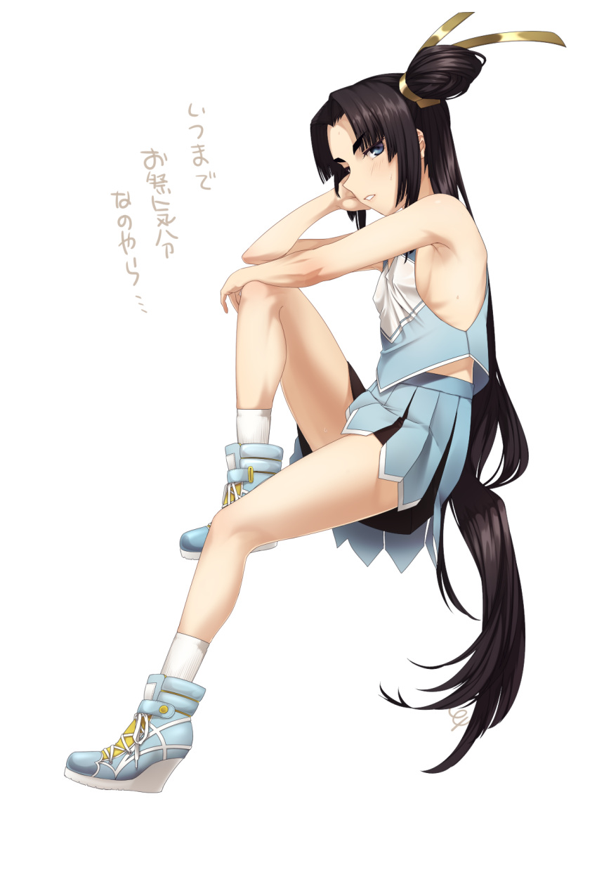 bare_shoulders black_hair blue_eyes blush boots cheerleader erect_nipples fate/grand_order fate_(series) highres long_hair looking_at_viewer pleated_skirt shimomoto side_ponytail simple_background sitting skirt socks translation_request ushiwakamaru_(fate/grand_order) very_long_hair white_background white_legwear