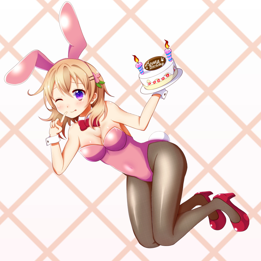 1girl absurdres animal_ears bare_shoulders black_legwear bow bowtie breasts bunny_tail bunnysuit cake cleavage fishnet_pantyhose fishnets food full_body gochuumon_wa_usagi_desu_ka? happy_birthday high_heels highres hoto_cocoa index_finger_raised leotard looking_at_viewer medium_breasts one_eye_closed orange_hair pantyhose pink_leotard rabbit_ears red_bow red_bowtie red_shoes sarujie_(broken_monky) shoes short_hair smile solo strapless strapless_leotard tail violet_eyes wrist_cuffs