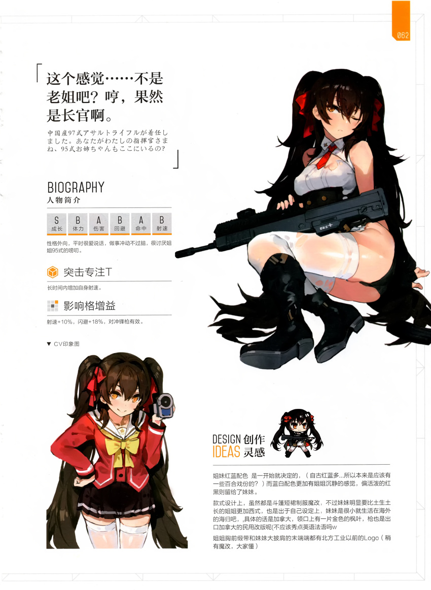 1girl absurdres arms_behind_back bare_shoulders belt black_boots black_gloves black_hair black_panties blush boots breasts brown_eyes camcorder charlotte_(anime) chibi cleavage cosplay eyebrows eyebrows_visible_through_hair fingerless_gloves full_body girls_frontline gloves hair_between_eyes hair_ribbon hand_on_hip head_tilt highres kishiyo leaning_to_the_side long_hair long_twintails looking_to_the_side magazine_(weapon) medium_breasts necktie official_art one_eye_closed orange_eyes panties personification qbz-97 qbz-97_(girls_frontline) red_ribbon ribbon sakura_ayane school_uniform seiyuu_connection serafuku sitting skirt solo star star_print stats strap thigh-highs tomori_nao tomori_nao_(cosplay) torn_clothes torn_thighhighs twintails underwear very_long_hair white_legwear zettai_ryouiki