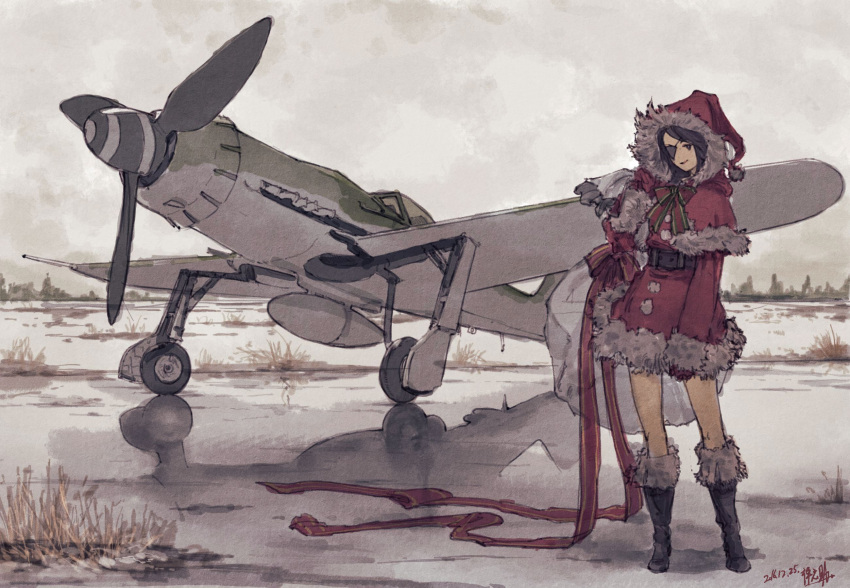 1girl aircraft airplane arm_at_side arm_up bag belt black_belt black_boots black_eyes black_hair boots closed_mouth clouds cloudy_sky covered_eyes dated dress eyepatch fur-trimmed_boots fur-trimmed_hat fur-trimmed_sleeves fur_trim fw_190 grass grey_sky hat highres holding holding_bag hood knee_boots long_ribbon long_sleeves looking_at_viewer multicolored multicolored_ribbon original outdoors propeller red_dress red_ribbon ribbon sack santa_costume santa_hat scenery shadow short_over_long_sleeves sky smirk smug solo standing ta_152 wet wheels zennosuke