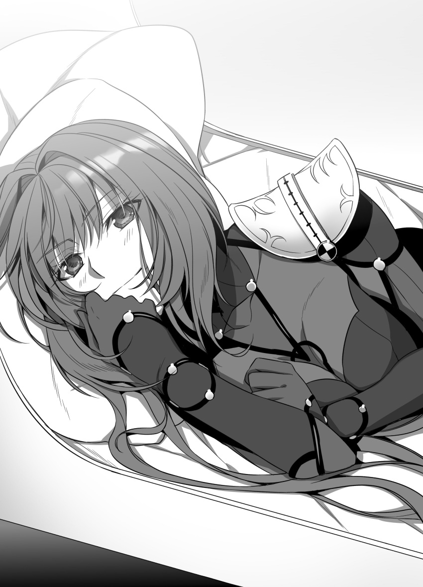 1girl absurdres armor bed_sheet bodysuit closed_mouth eyebrows_visible_through_hair fate/grand_order fate_(series) greyscale highres long_hair looking_at_viewer lying monochrome on_bed on_side pauldrons pillow scathach_(fate/grand_order) shoulder_armor smile solo sunlight upper_body yamoge