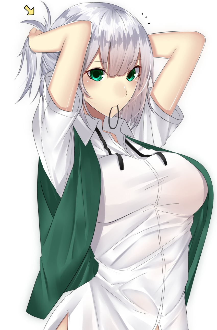 1girl adjusting_hair arms_up bangs breasts collared_shirt commentary commentary_request dress_shirt eyebrows_visible_through_hair green_eyes green_vest hair_ornament hair_tie hands_in_hair highres konpaku_youmu large_breasts looking_at_viewer mouth_hold neck_ribbon older onineko-chan open_clothes open_vest ponytail ribbon shirt short_sleeves silver_hair simple_background solo touhou tying_hair upper_body vest white_background white_shirt wing_collar