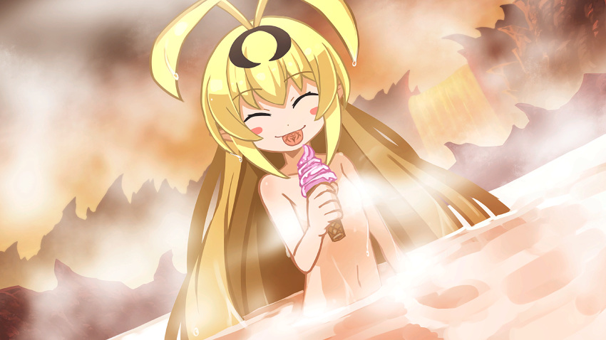 1girl :p absurdres ahoge blonde_hair blush_stickers closed_eyes fang food game_cg highres ice_cream makai_shin_trillion naked_towel nanameda_kei official_art onsen partially_submerged perpell steam tattoo tongue tongue_out towel