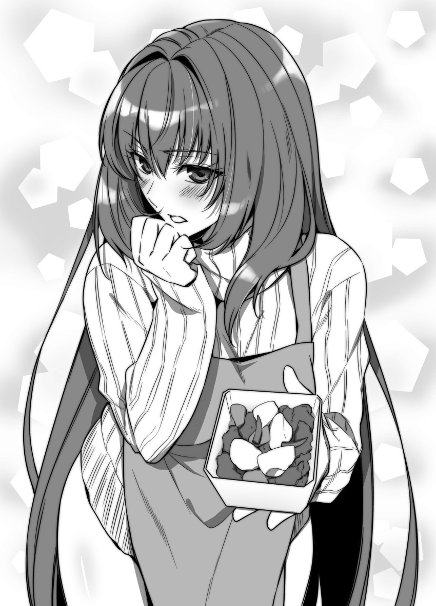 1girl absurdres apron blush embarrassed eyebrows_visible_through_hair fate/grand_order fate_(series) greyscale highres long_hair looking_at_viewer monochrome naked_sweater open_mouth scathach_(fate/grand_order) solo sweater turtleneck turtleneck_sweater yamoge
