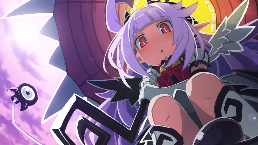 absurdres angel_wings game_cg highres horns looking_at_viewer makai_shin_trillion nanameda_kei official_art pink_hair pointy_ears red_eyes ruche squatting tail wings