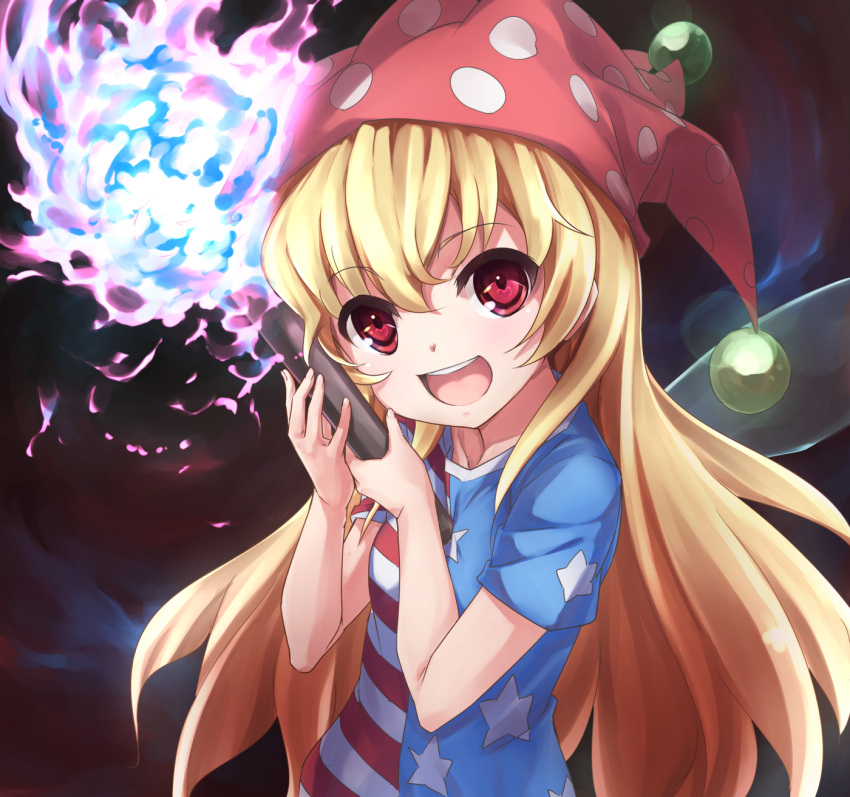 1girl american_flag_dress bangs blonde_hair clownpiece commentary_request fairy_wings fire hat highres jester_cap long_hair looking_at_viewer open_mouth pi_(pnipippi) polka_dot red_eyes short_sleeves smile solo star star_print striped teeth torch touhou upper_body wings