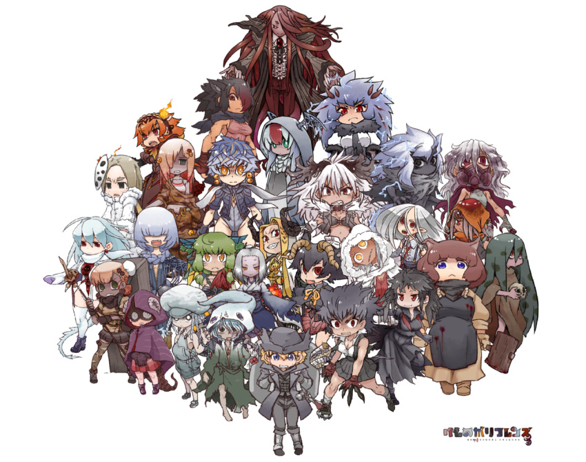 6+girls animal_ears apron blonde_hair bloodborne claws cleric_beast commentary commentary_request dark_skin dress fangs hammer horns hunter_(bloodborne) kemono_friends looking_at_viewer monster_girl moon_presence multiple_girls personification polearm robe shorts skirt spear tail weapon yagi_mutsuki