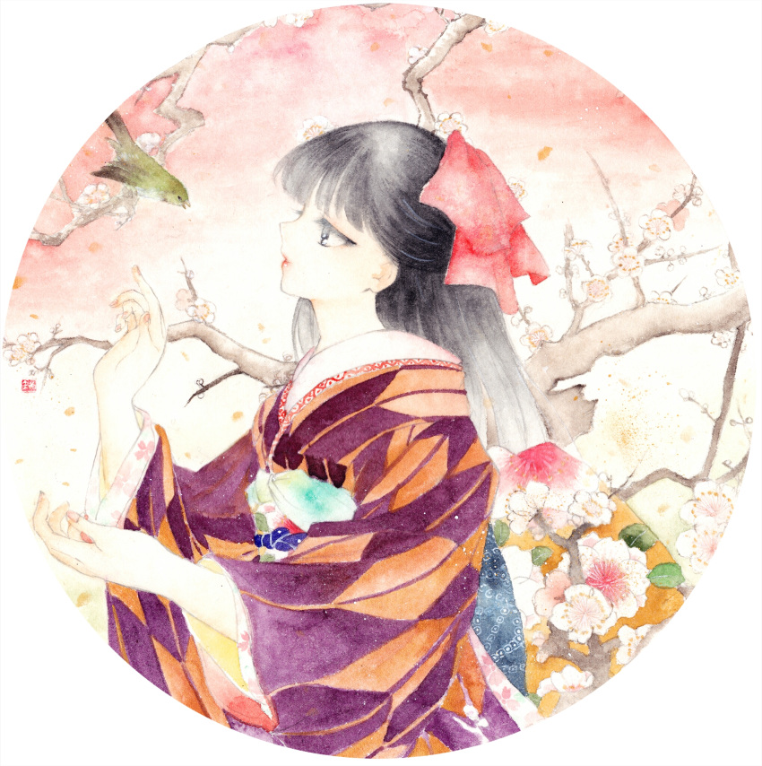 1girl bird branch flower hair_ribbon highres japanese_clothes kimono kimonohime original plum plum_blossoms profile ribbon traditional_media watercolor_(medium)