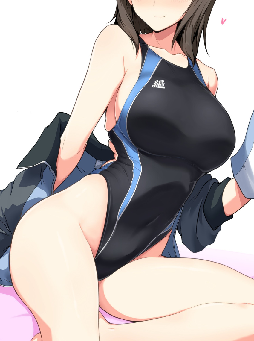 1girl absurdres bare_legs barefoot breasts brown_hair collarbone competition_swimsuit covered_navel girls_und_panzer harukon_(halcon) hat hat_removed head_out_of_frame headwear_removed heart highleg highleg_swimsuit highres jacket large_breasts mika_(girls_und_panzer) off_shoulder one-piece_swimsuit sitting skindentation smile solo swimsuit yokozuwari