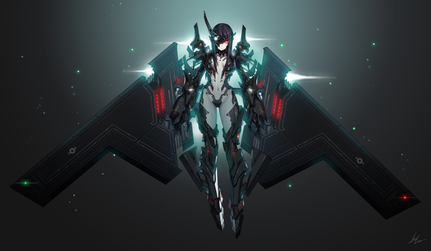 1girl aircraft airplane armor b-2_spirit black_hair bomber breasts collar crotch glowing glowing_eyes highres kws mecha_musume military military_vehicle navel personification red_eyes solo white_skin