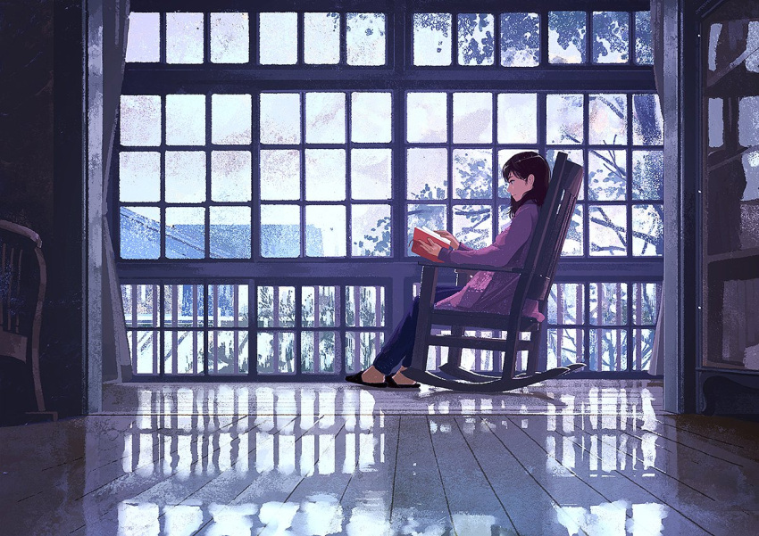 1girl blue_pants book brown_hair building chair closed_mouth commentary_request day from_side gemi holding holding_book indoors light_smile long_sleeves on_chair open_book original pants pink_jacket porch reading reflection rocking_chair sandals shiny shiny_floor sitting solo sunlight tree window winter wooden_floor