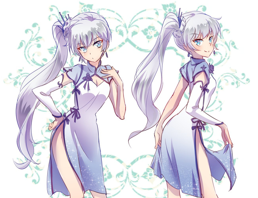 1girl blue_eyes china_dress chinese_clothes commentary_request dress dual_persona earrings eye_scar hair_ornament iesupa jewelry ponytail rwby solo thighs weiss_schnee white_hair