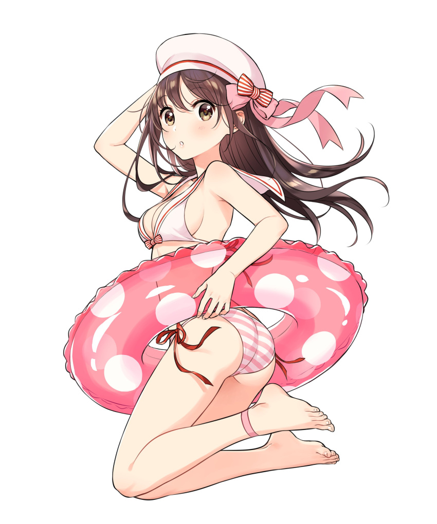 1girl :o absurdres ankle_strap arm_behind_head ass bangs bare_shoulders barefoot bikini blush bow breasts brown_eyes collarbone eyebrows_visible_through_hair fingernails front-tie_bikini front-tie_top full_body hair_bow hand_up hat hat_bow highres innertube long_hair looking_at_viewer medium_breasts morikura_en open_mouth original red_ribbon ribbon sailor_bikini sailor_collar sailor_hat side-tie_bikini simple_background solo striped striped_bikini_bottom striped_bow swimsuit toenails toes white_background white_hat