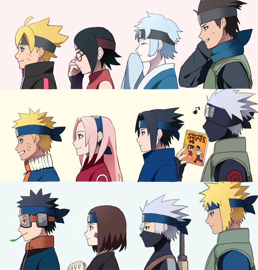 3girls 6+boys adjusting_glasses age_progression ahoge black_hair blonde_hair blue_hair brown_hair column_lineup forehead_protector glasses goggles half_mask haruno_sakura hatake_kakashi highres mask mitsuki_(naruto) multiple_boys multiple_girls musical_note namikaze_minato naruto nohara_rin pink_hair sarutobi_konohamaru smile spiky_hair twig uchiha_obito uchiha_sarada uchiha_sasuke uzumaki_boruto uzumaki_naruto weapon_on_back whisker_markings whiskers yumekoi_(cc123159)