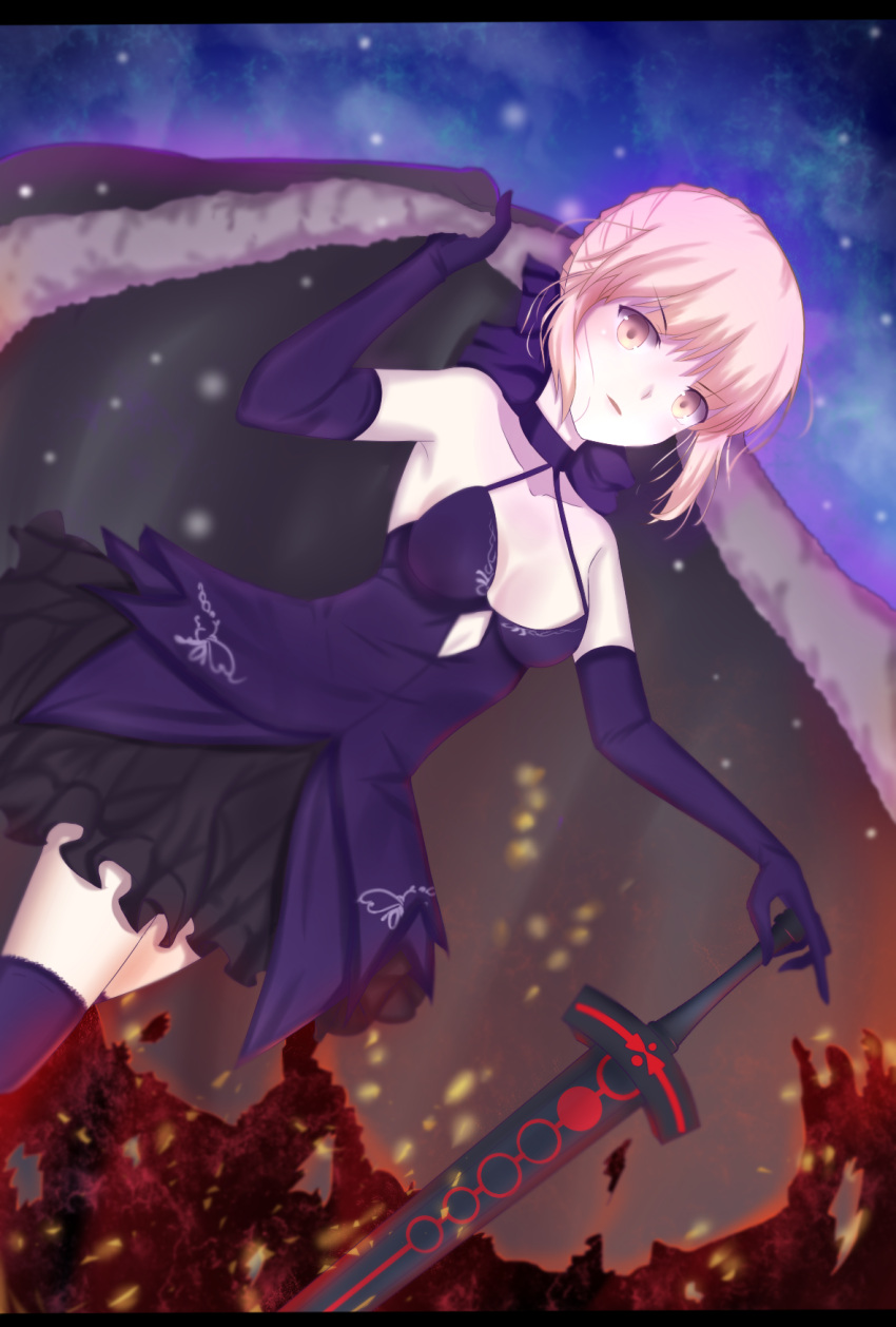 1girl bare_shoulders blonde_hair breasts burning burning_clothes cape cleavage coat dark_excalibur dutch_angle elbow_gloves fate_(series) fur-trimmed_coat fur_trim gloves highres looking_at_viewer medium_breasts nebula planted_sword planted_weapon saber saber_alter solo standing star_(sky) sword thigh-highs type-moon weapon xue_fengzi yellow_eyes