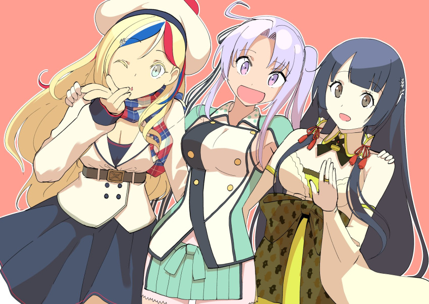 3girls :d akitsushima_(kantai_collection) belt beret black_hair black_skirt blonde_hair blue_eyes blue_hair breasts cleavage commandant_teste_(kantai_collection) detached_sleeves double-breasted grey_eyes hair_tubes hat highres jacket kantai_collection long_hair long_sleeves looking_at_viewer masukuza_j medium_breasts military military_uniform mizuho_(kantai_collection) multicolored_hair multiple_girls obi one_eye_closed open_mouth plaid plaid_scarf pom_pom_(clothes) purple_hair red_background redhead sash scarf side_ponytail sidelocks simple_background skirt smile uniform very_long_hair violet_eyes white_hair white_jacket