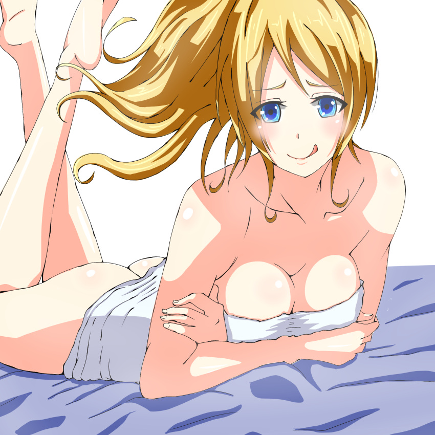 1girl arm_support ass ayase_eli blonde_hair blue_eyes blush breasts cleavage crossed_arms highres licking_lips long_hair love_live! love_live!_school_idol_project lying medium_breasts naked_towel on_stomach solo the_pose tongue tongue_out towel white_background