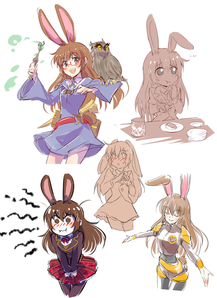 1girl alternate_costume animal_ears bird blush bunny_girl bunny_tail chopsticks closed_eyes cup dual_persona food glasses han_megumi highres iesupa kagari_atsuko little_witch_academia owl plate pout rabbit_ears rwby school_uniform seiyuu_connection sushi sweatdrop tail teacup velvet_scarlatina