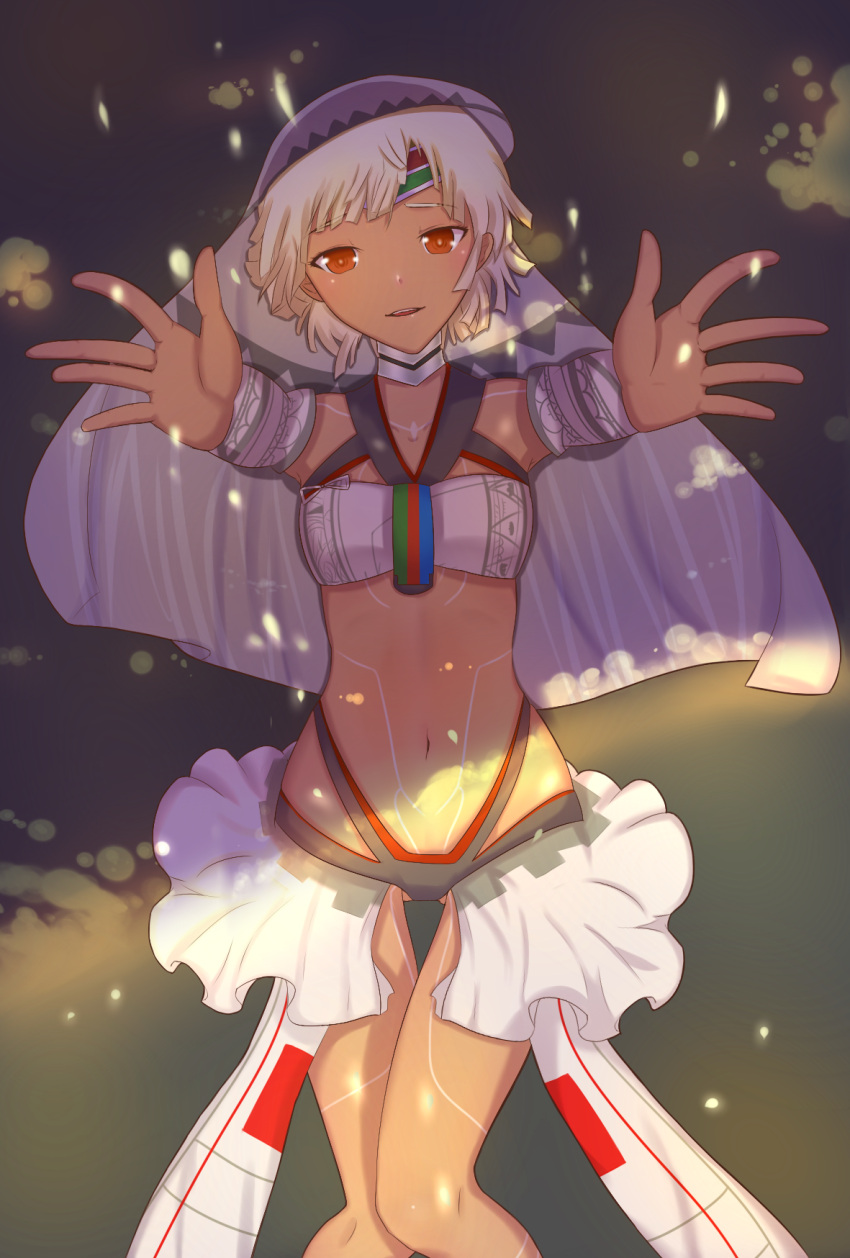 1girl altera_(fate) blush choker dark_skin fate/extella fate/extra fate_(series) from_above gluteal_fold highres looking_at_viewer lying navel on_back outstretched_arms purple_hair red_eyes saber solo thighs xue_fengzi