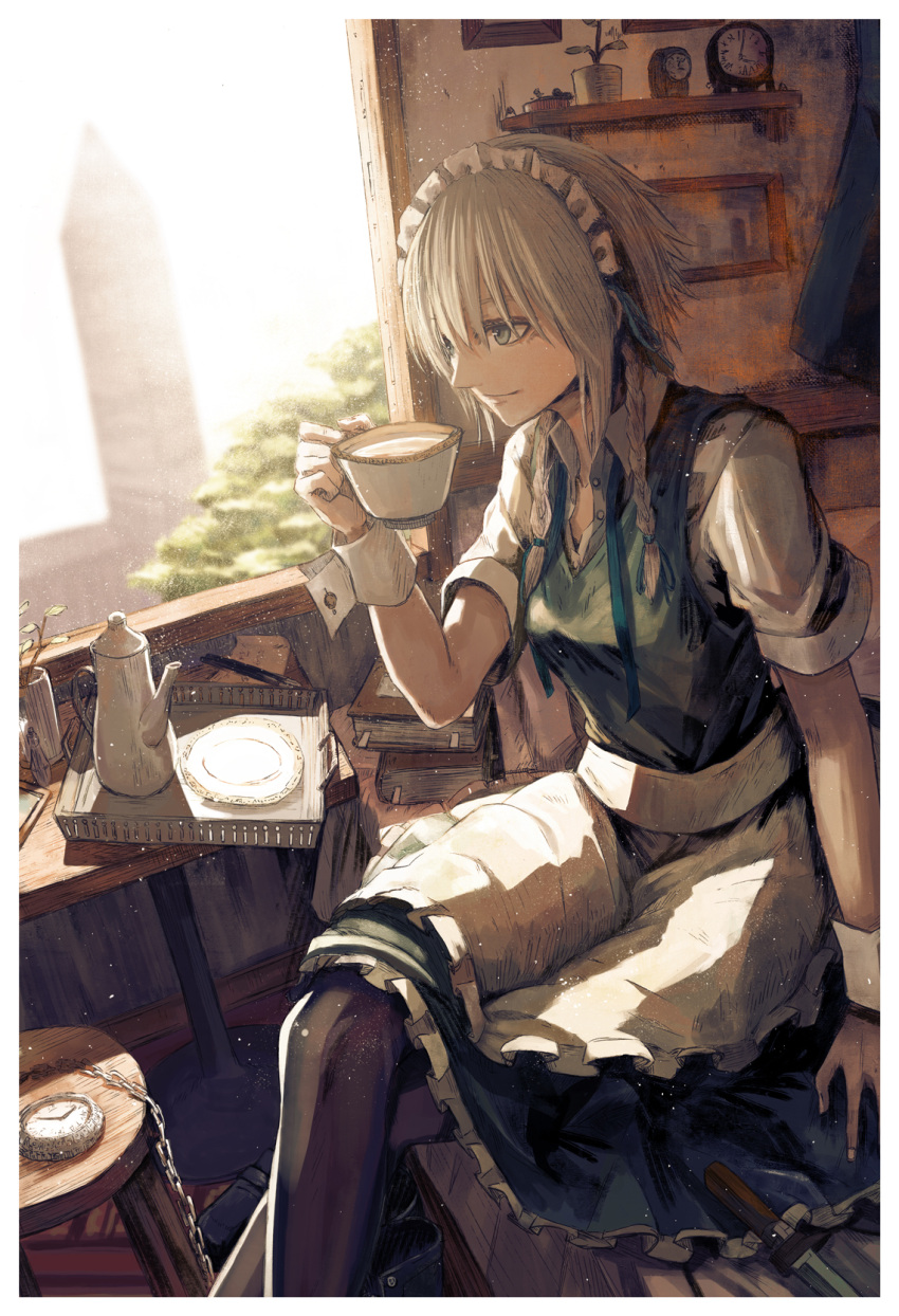 apron braid clock cup dagger dutch_angle grey_eyes highres holding indoors izayoi_sakuya legs_crossed light_particles maid_apron maid_headdress neck_ribbon pantyhose pen picture_(object) plant pocket_watch potted_plant profile ribbon saucer silver_hair sitting sketch smile stool sunlight tea teacup teapot toufu_koubou touhou tree twin_braids unbuttoned unbuttoned_shirt waist_apron watch weapon window wrist_cuffs