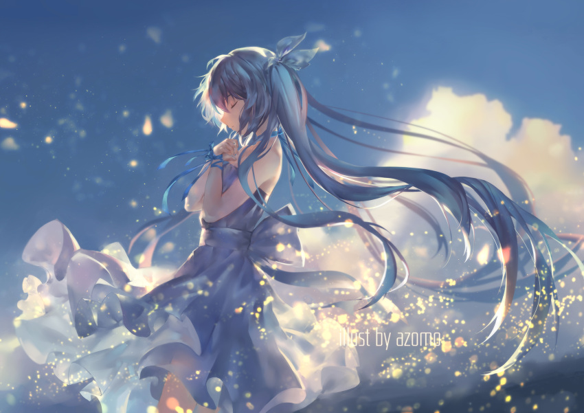 1girl aqua_hair arm_ribbon artist_name avamone blue_ribbon closed_eyes dress english from_side glowing hatsune_miku highres light_particles long_hair own_hands_together parted_lips profile revision ribbon solo twintails very_long_hair vocaloid