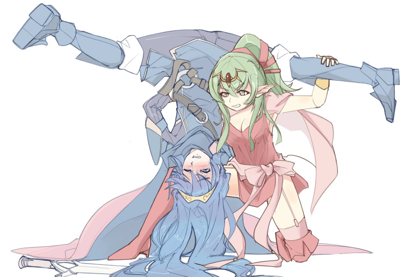 1girl 2girls ass blue_eyes blue_hair blush boots cape chiki closed_eyes dress fire_emblem fire_emblem:_kakusei fire_emblem:_mystery_of_the_emblem german_suplex gloves green_eyes green_hair jewelry long_hair lucina multiple_girls pink_dress pointy_ears ponytail simple_background smile spread_legs suplex thigh-highs tiara wrestling