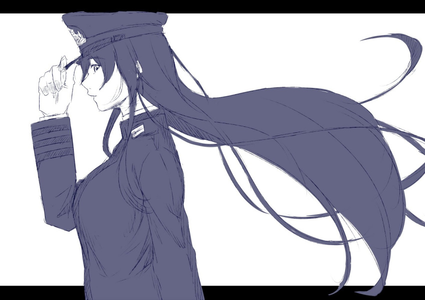 1girl adjusting_clothes adjusting_hat commentary_request female_admiral_(kantai_collection) floating_hair from_side gloves greyscale hand_on_headwear hat kantai_collection long_hair looking_at_viewer military military_hat military_uniform monochrome niwatazumi parted_lips peaked_cap sidelocks sketch solo tatebayashi_sakurako uniform upper_body white_background