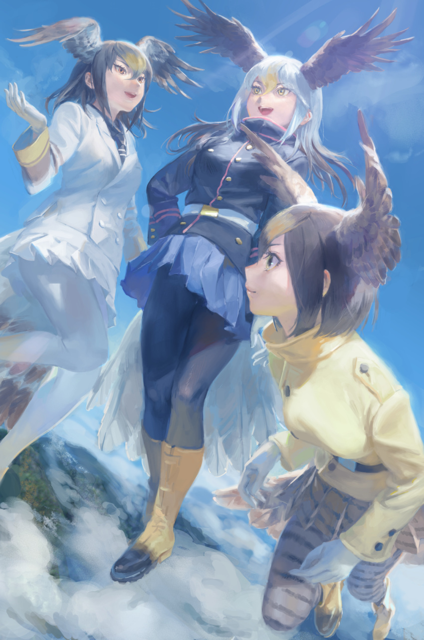 3girls :d arm_at_side bald_eagle_(kemono_friends) bird_tail bird_wings black_belt black_footwear black_jacket black_legwear black_necktie blazer blonde_hair blue_skirt blue_sky blurry bokeh boots brown_hair buttons clouds day depth_of_field eyebrows_visible_through_hair eyelashes feathered_wings feet_out_of_frame floating_hair flying from_side full_body gloves gradient_footwear gradient_hair green_eyes grey_hair hair_between_eyes hand_on_hip hand_up head_wings highres horizontal-striped_legwear horizontal_stripes jacket kemono_friends leg_lift lens_flare light_brown_hair lips long_hair looking_at_another looking_away medium_hair military military_jacket military_uniform mountain multicolored_boots multicolored_hair multiple_girls necktie northern_goshawk_(kemono_friends) open_hand open_mouth outdoors pantyhose peregrine_falcon_(kemono_friends) pleated_skirt profile short_hair sidelocks skirt sky sleeve_cuffs smile striped striped_legwear striped_necktie striped_skirt tail tail_feathers teeth tsurime tunapon01 turtleneck two-tone_footwear two-tone_hair uniform upper_teeth white_belt white_gloves white_hair white_jacket white_legwear wind wings yellow_boots yellow_eyes yellow_footwear yellow_jacket