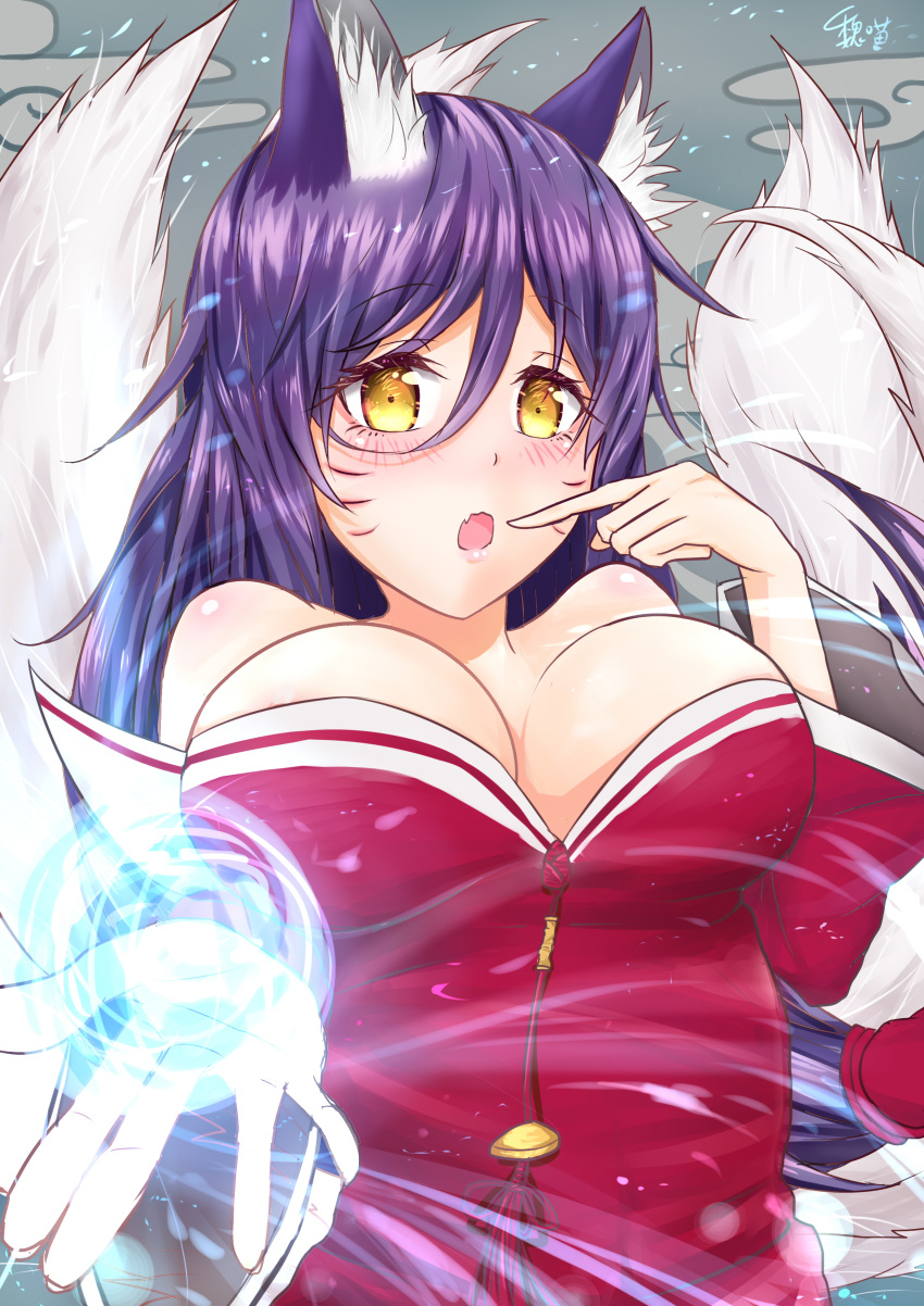 1girl absurdres ahri alternate_hair_color animal_ears bare_shoulders black_hair blush breasts cleavage detached_sleeves energy_ball facial_mark fox_ears fox_tail highres korean_clothes large_breasts league_of_legends long_hair multiple_tails open_mouth slit_pupils solo tail whisker_markings yellow_eyes