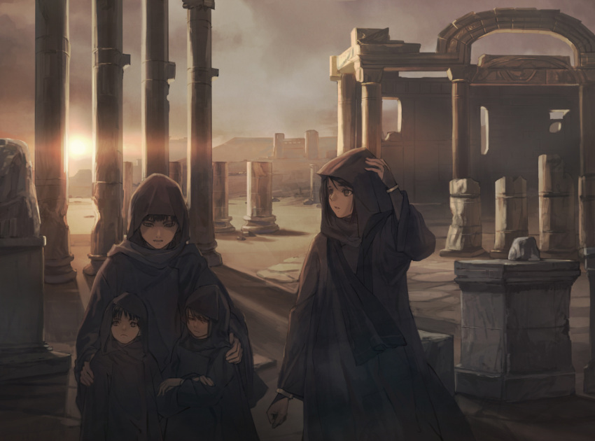 1girl 3boys angry backlighting bracelet bridal_gauntlets child clouds column crossed_arms desert fantasy hand_on_own_head hanno hood jewelry lens_flare looking_to_the_side multiple_boys open_mouth original pillar robe ruins scenery sky sunset