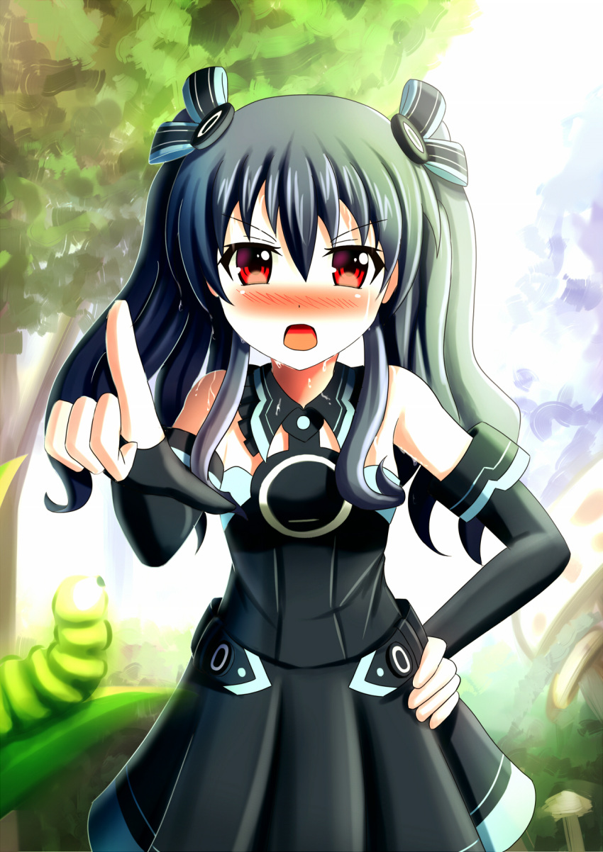 1girl arlly_radithia bare_shoulders black_hair blush choujigen_game_neptune hair_ornament highres long_hair looking_at_viewer neptune_(series) open_mouth pointing red_eyes solo sweat twintails uni_(choujigen_game_neptune)