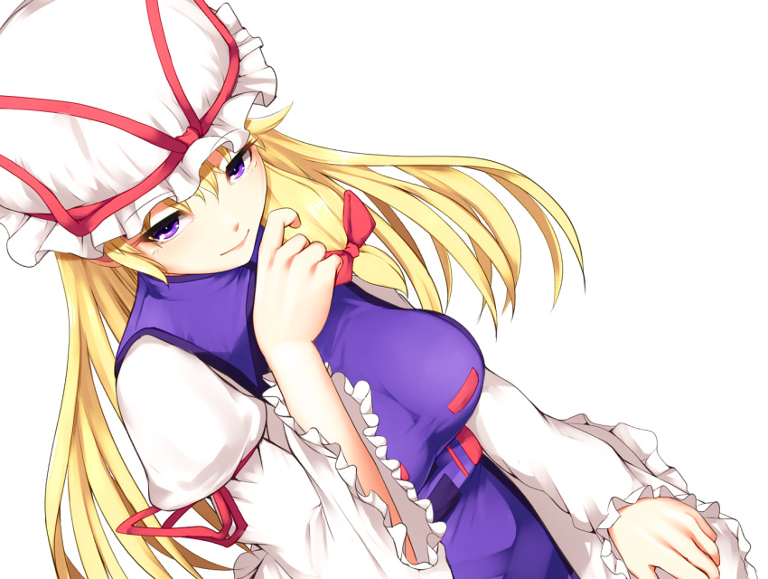 1girl blonde_hair breasts dress from_above from_side hat hat_ribbon long_hair long_sleeves medium_breasts mob_cap nanahi_toshi ribbon simple_background solo tabard taut_clothes touhou very_long_hair white_background white_dress yakumo_yukari
